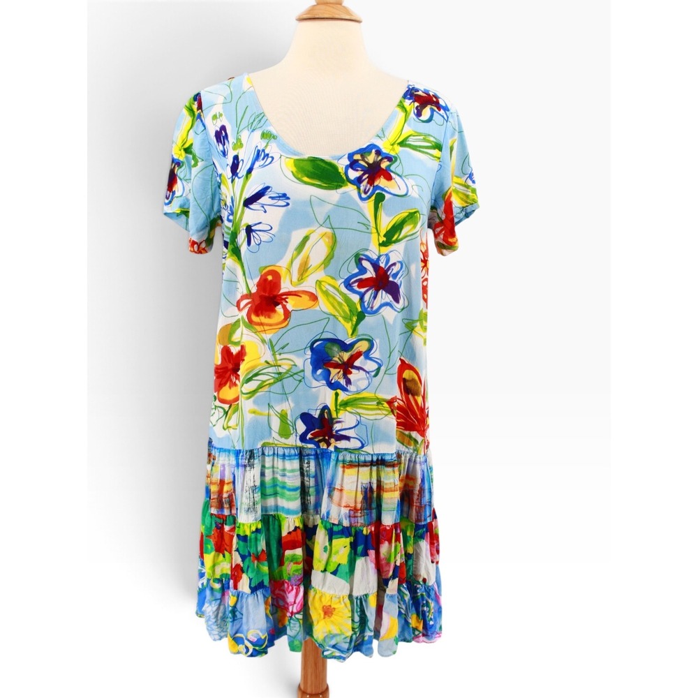 Jams World Hattie Dress Womens Medium Water Garden Blue Floral Tiered Ruffle